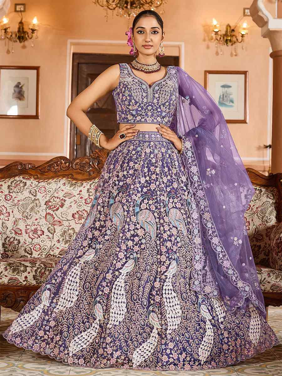 Purple Net Embroidered Wedding Reception Festival Heavy Border Lehenga Choli