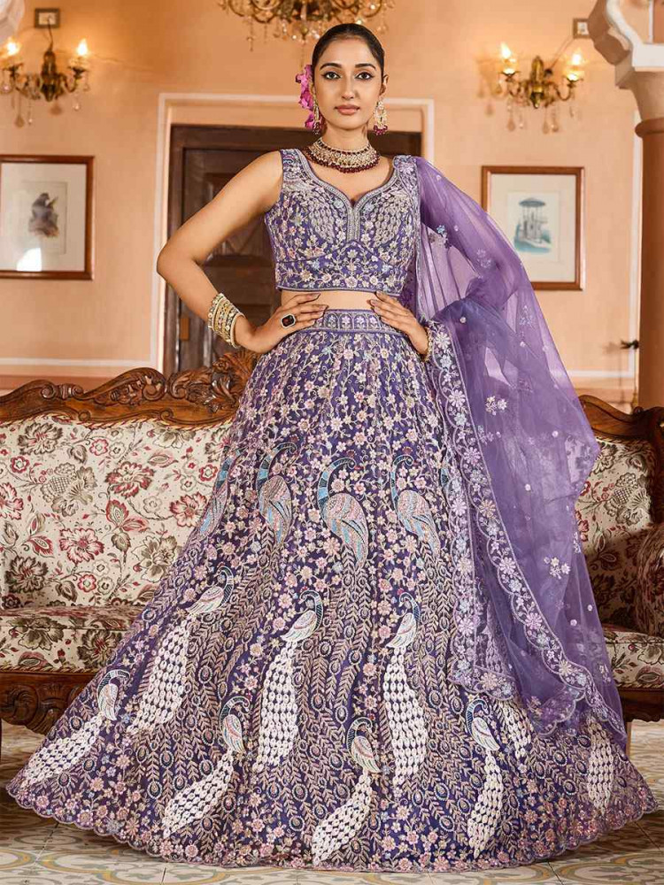 Image of Purple Net Embroidered Wedding Reception Festival Heavy Border Lehenga Choli