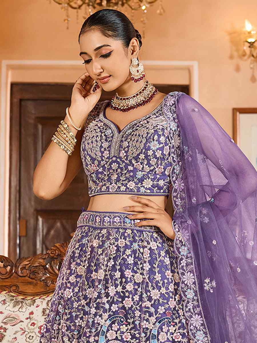 Purple Net Embroidered Wedding Reception Festival Heavy Border Lehenga Choli