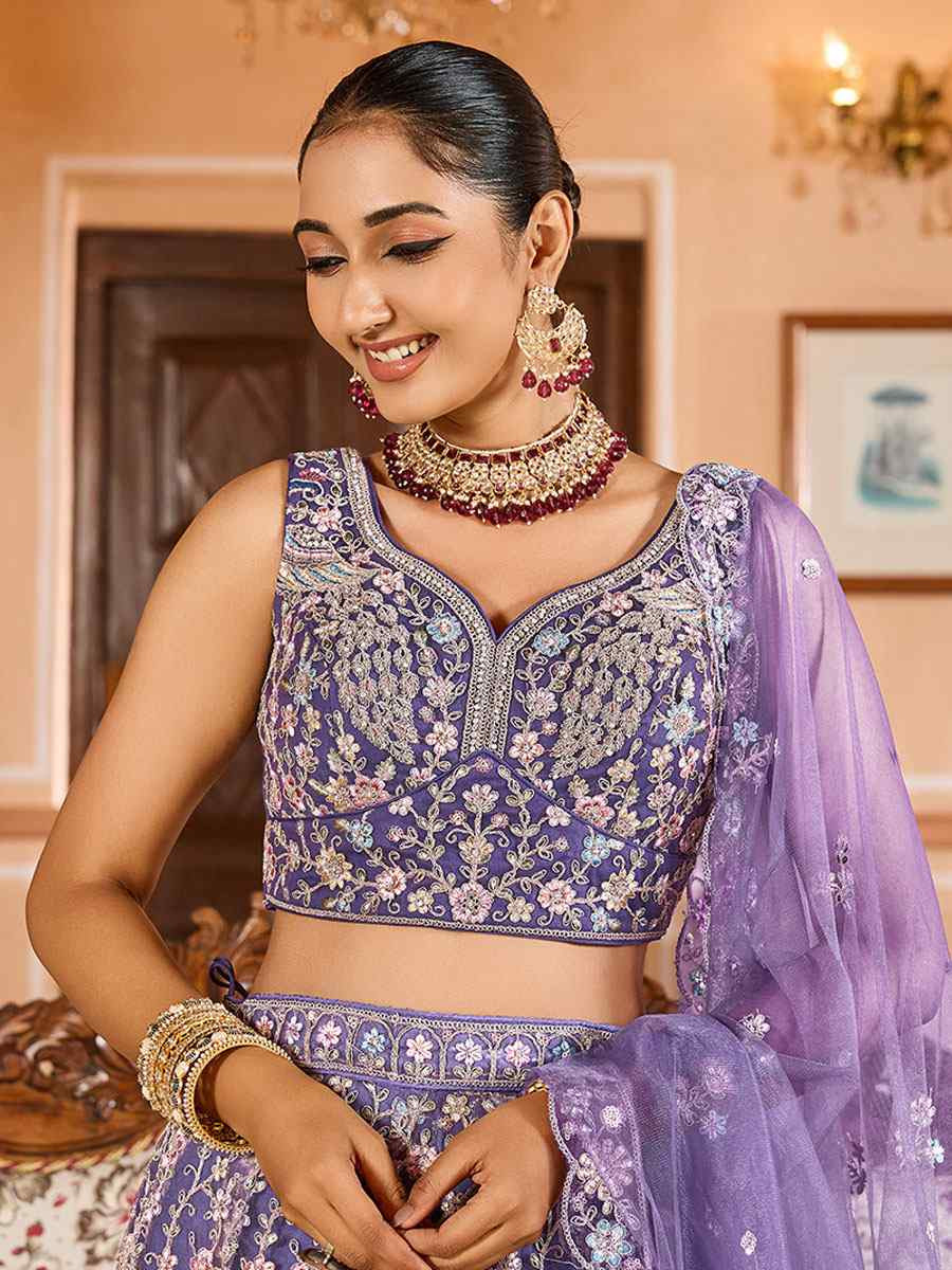Purple Net Embroidered Wedding Reception Festival Heavy Border Lehenga Choli