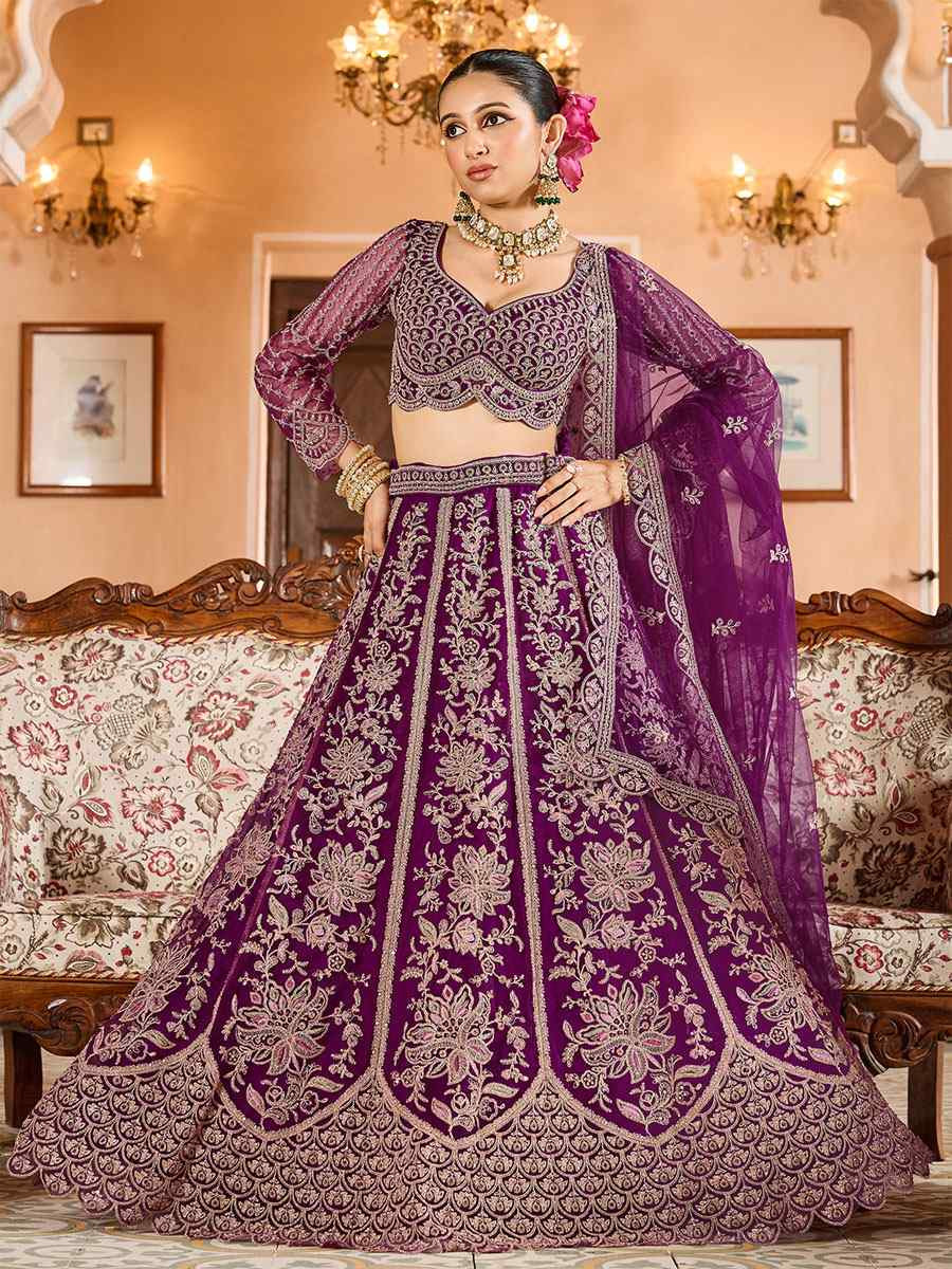 Purple Net Embroidered Wedding Reception Festival Heavy Border Lehenga Choli