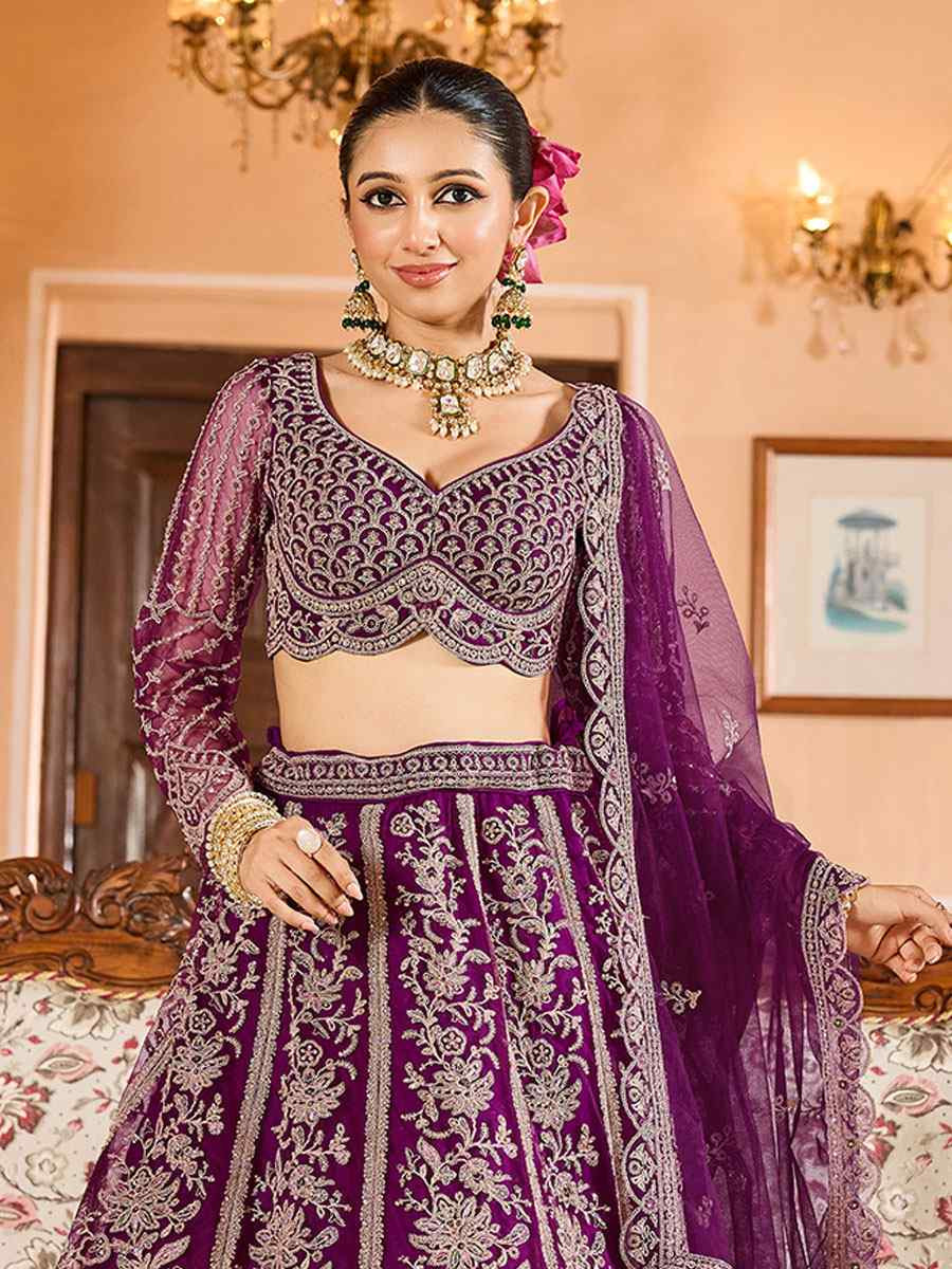 Purple Net Embroidered Wedding Reception Festival Heavy Border Lehenga Choli