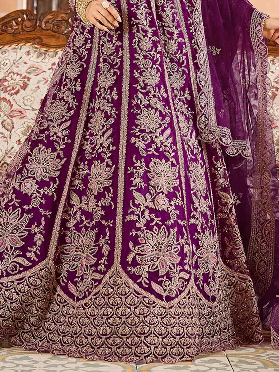 Purple Net Embroidered Wedding Reception Festival Heavy Border Lehenga Choli