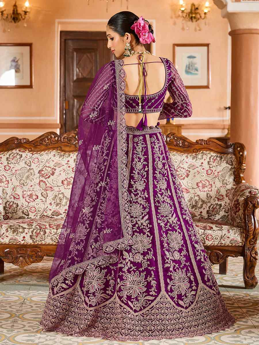 Purple Net Embroidered Wedding Reception Festival Heavy Border Lehenga Choli