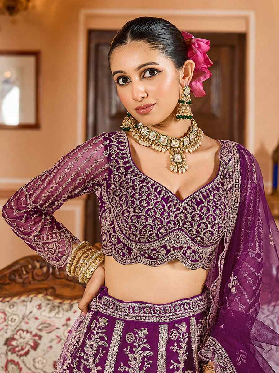 Purple Net Embroidered Wedding Reception Festival Heavy Border Lehenga Choli