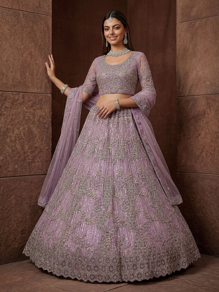 Purple Net Embroidery Sequins Wedding Reception Party Festival Heavy Border Lehenga Choli