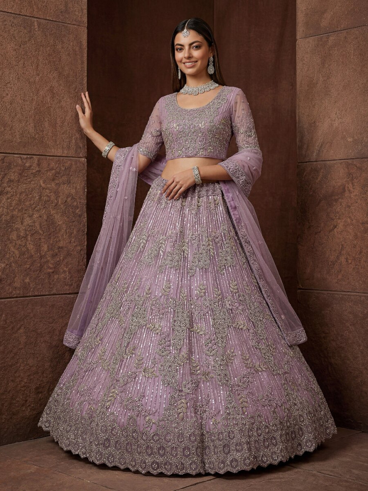 Image of Purple Net Embroidery Sequins Wedding Reception Party Festival Heavy Border Lehenga Choli