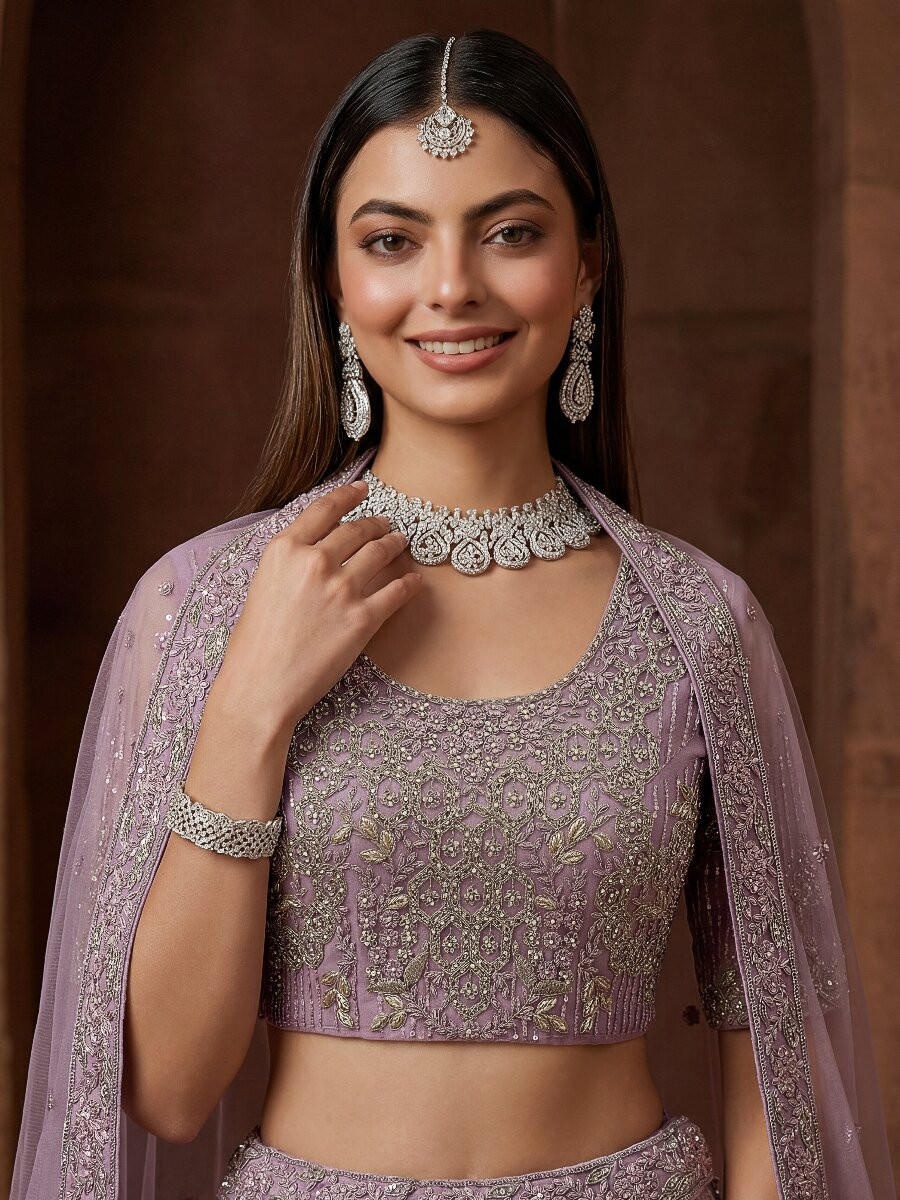Purple Net Embroidery Sequins Wedding Reception Party Festival Heavy Border Lehenga Choli