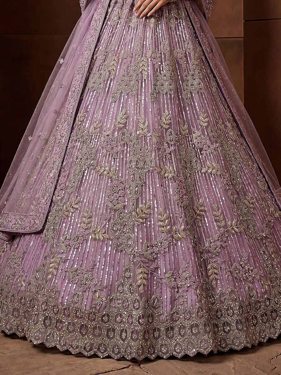 Purple Net Embroidery Sequins Wedding Reception Party Festival Heavy Border Lehenga Choli