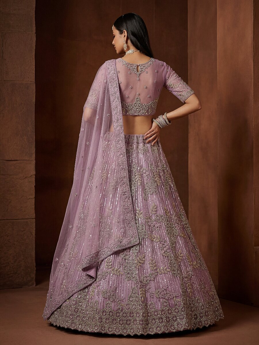 Purple Net Embroidery Sequins Wedding Reception Party Festival Heavy Border Lehenga Choli