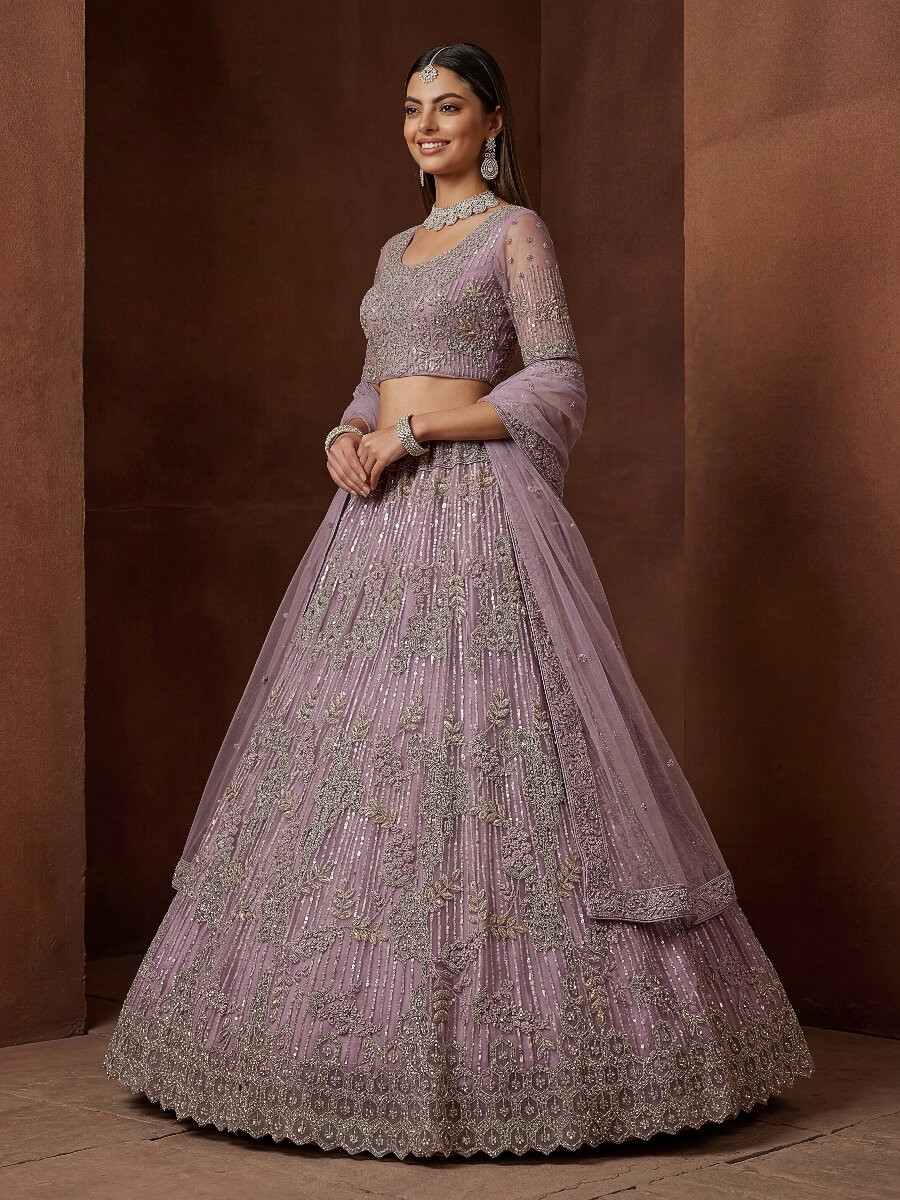 Purple Net Embroidery Sequins Wedding Reception Party Festival Heavy Border Lehenga Choli