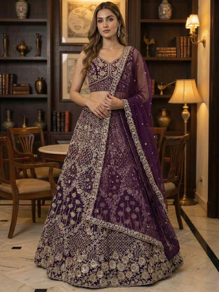 Purple Net Embroidery Wedding Reception Festival Heavy Border Lehenga Choli