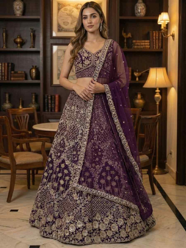 Image of Purple Net Embroidery Wedding Reception Festival Heavy Border Lehenga Choli