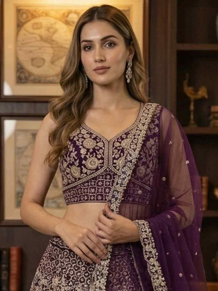 Purple Net Embroidery Wedding Reception Festival Heavy Border Lehenga Choli
