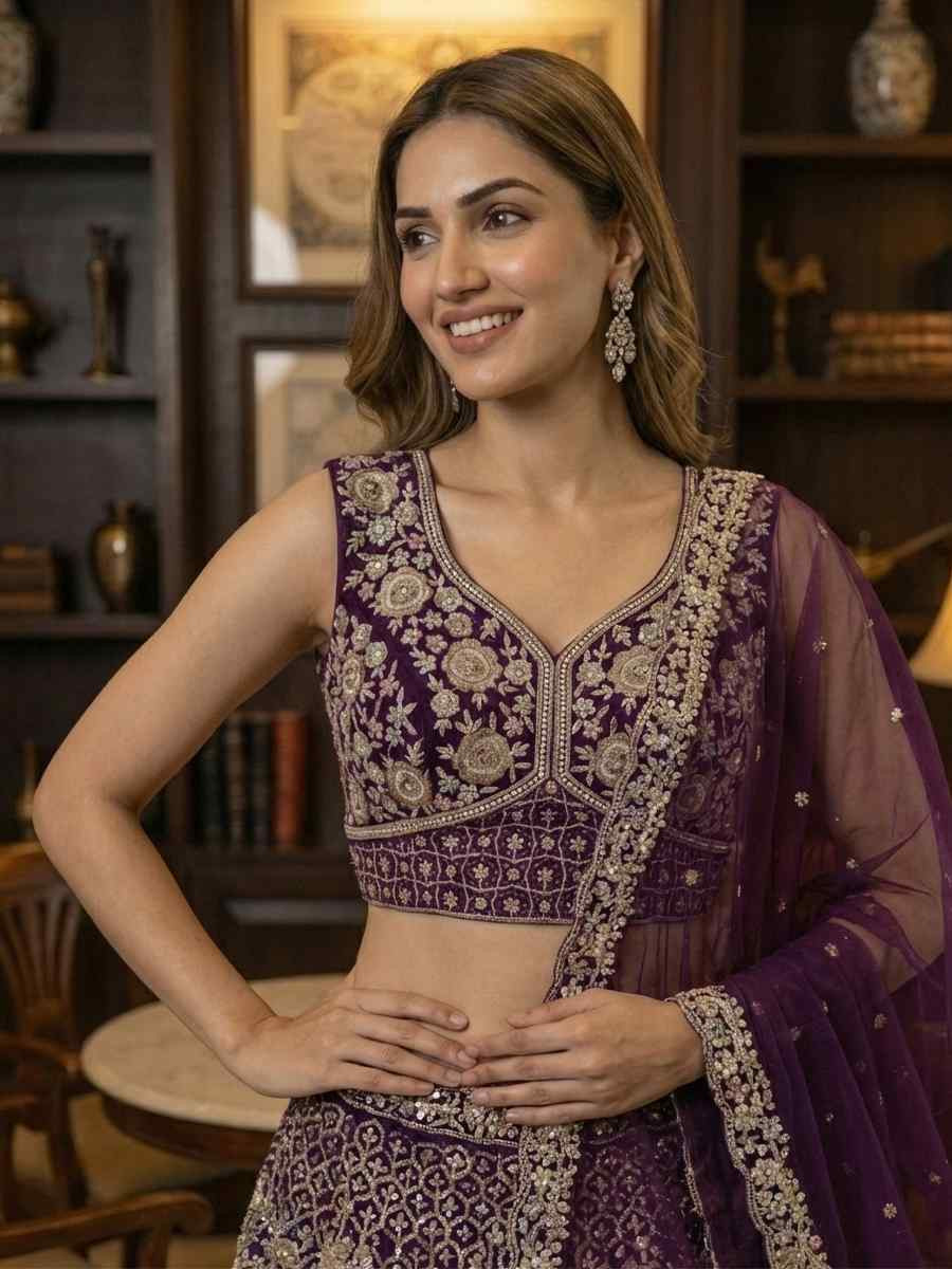 Purple Net Embroidery Wedding Reception Festival Heavy Border Lehenga Choli