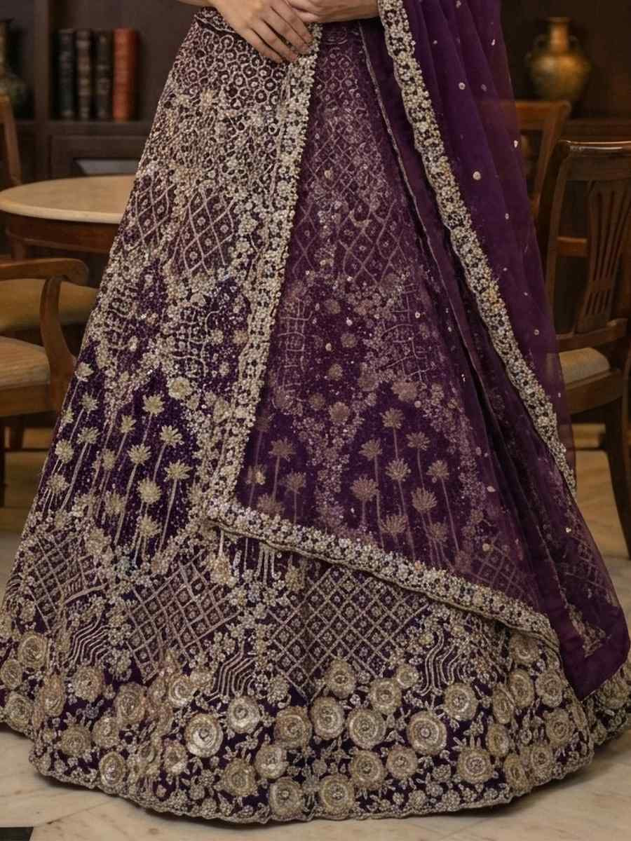 Purple Net Embroidery Wedding Reception Festival Heavy Border Lehenga Choli