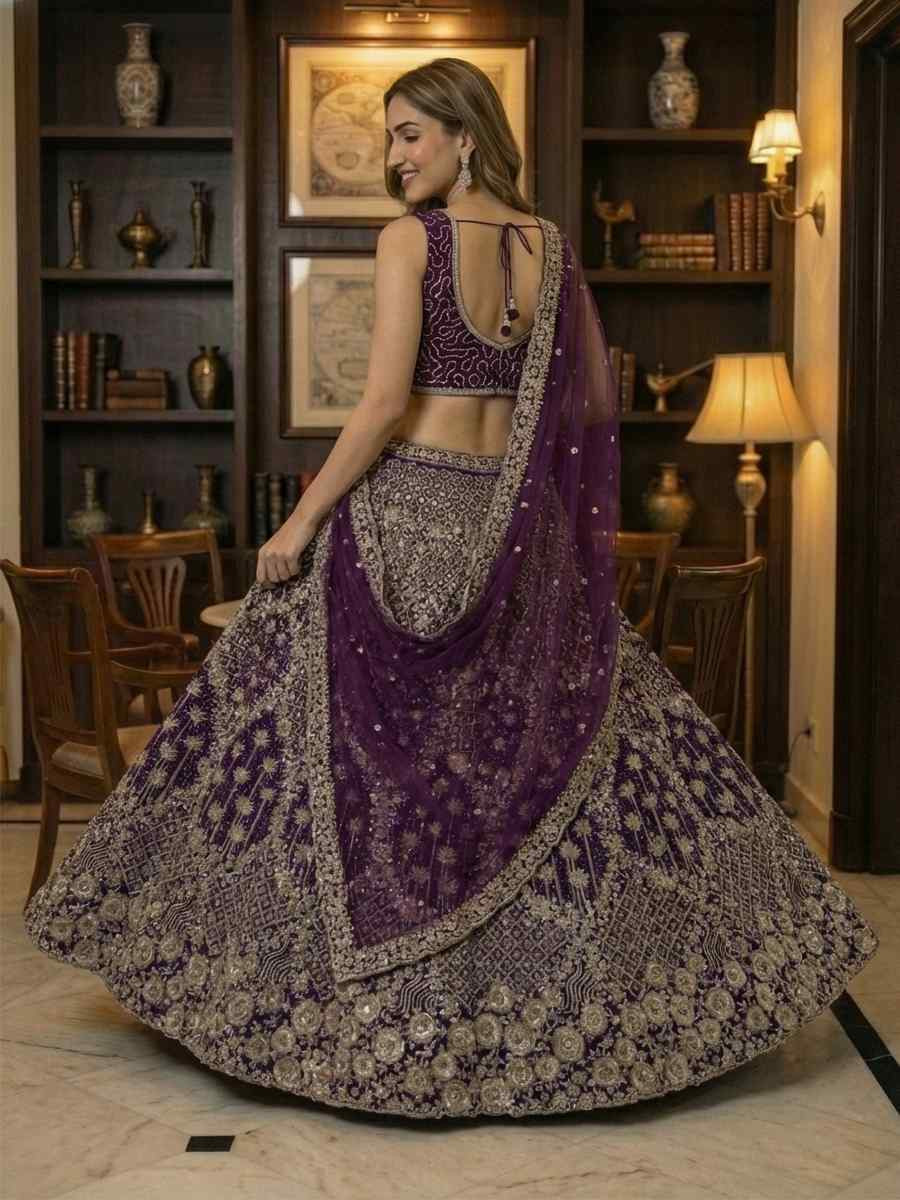 Purple Net Embroidery Wedding Reception Festival Heavy Border Lehenga Choli