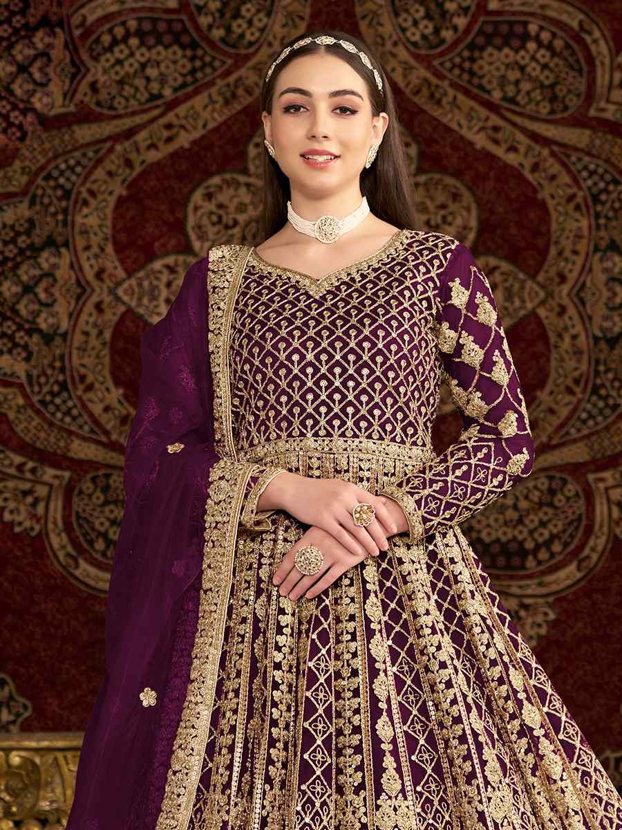Purple Net Printed Festival Casual Gown