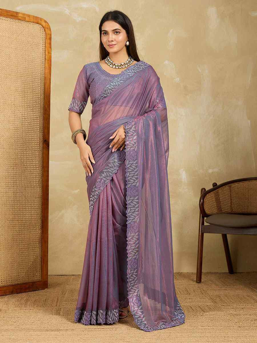 Purple Net Stone Embroidery Festival Wedding Fancy Classic Heavy Border Saree