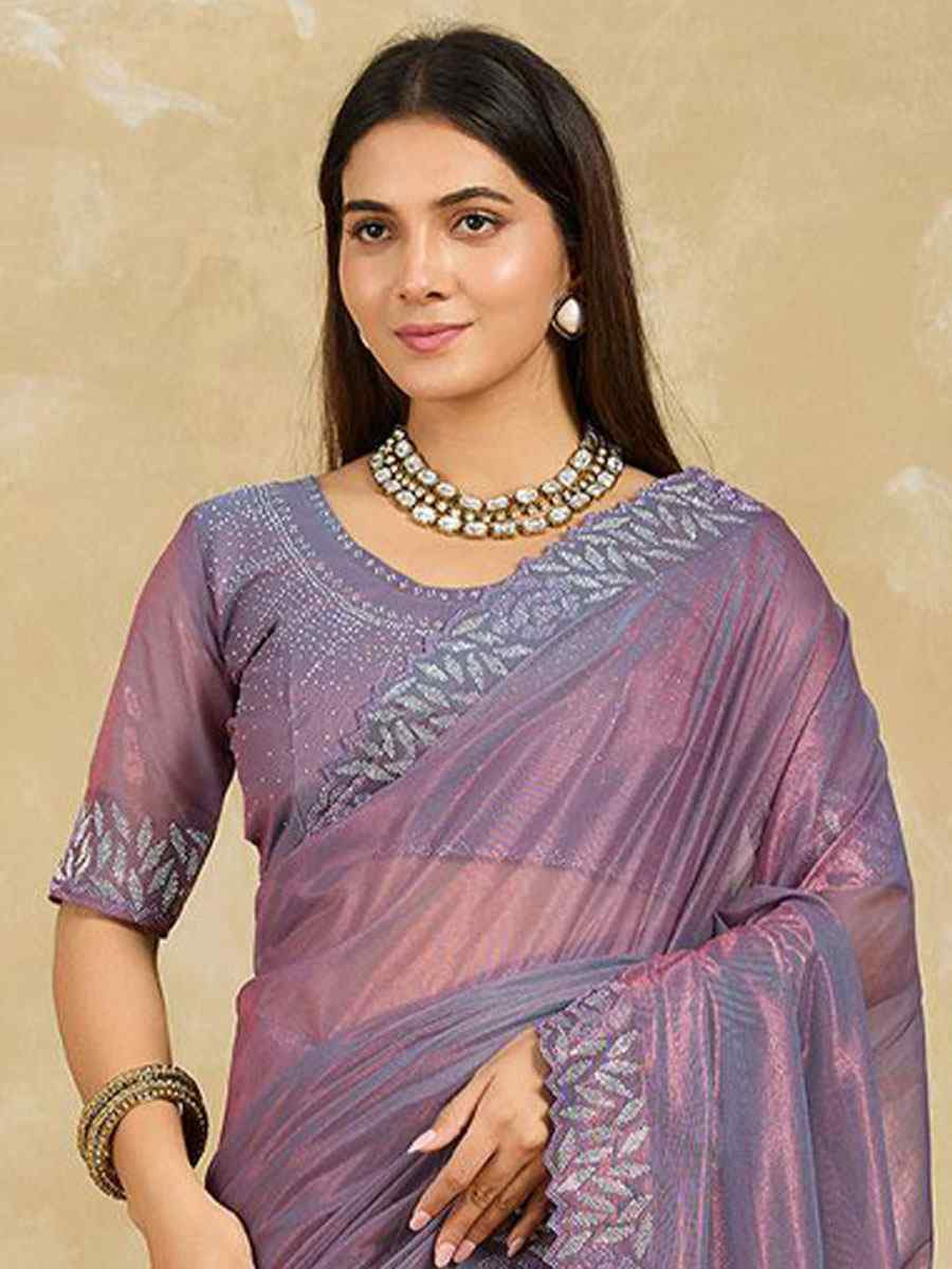 Purple Net Stone Embroidery Festival Wedding Fancy Classic Heavy Border Saree