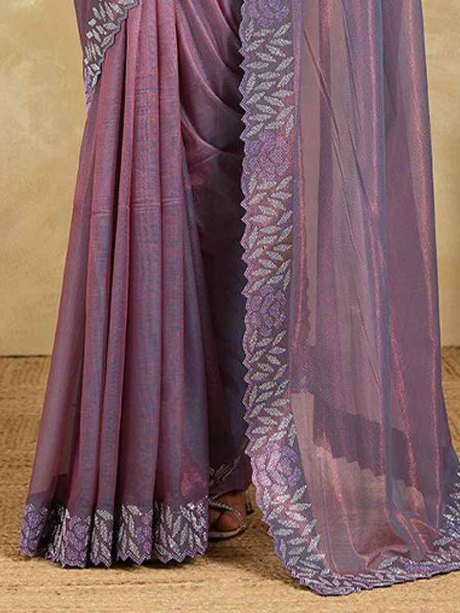Purple Net Stone Embroidery Festival Wedding Fancy Classic Heavy Border Saree