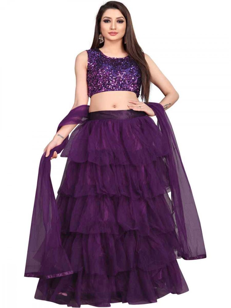 Purple Nylon Net Embroidered Reception Wedding Circular Lehenga Choli