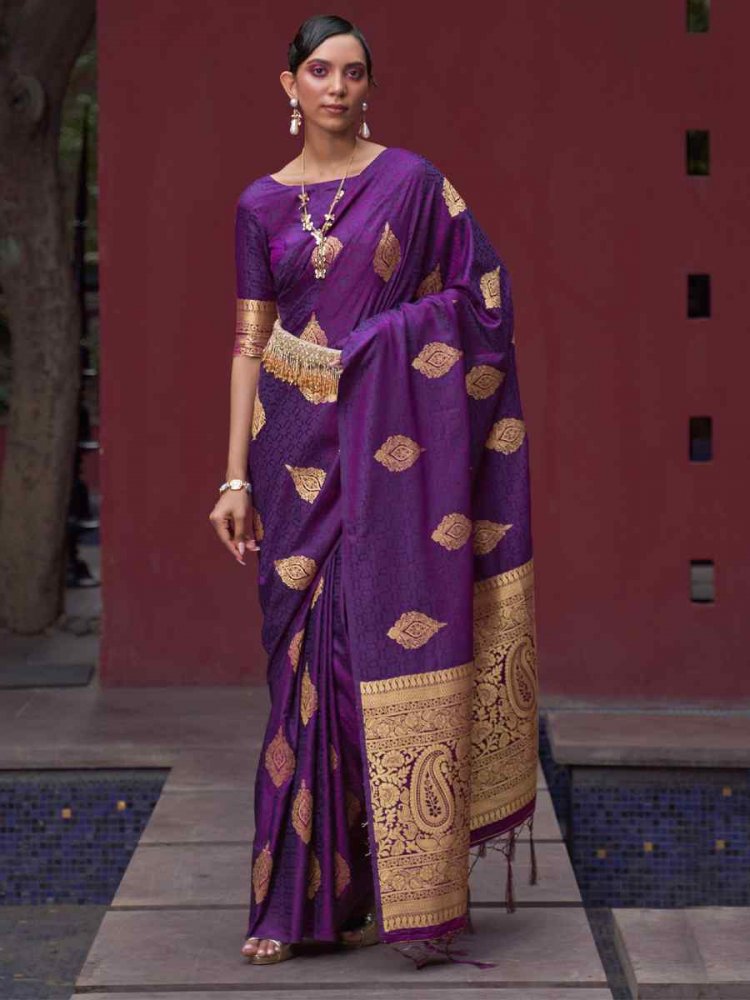 Purple Nylon Satin Handwoven Party Festival Classic Style Saree