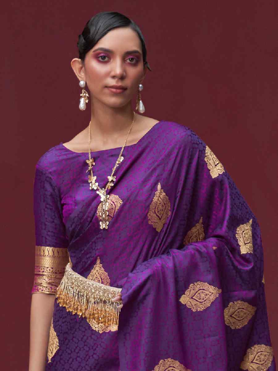 Purple Nylon Satin Handwoven Party Festival Classic Style Saree
