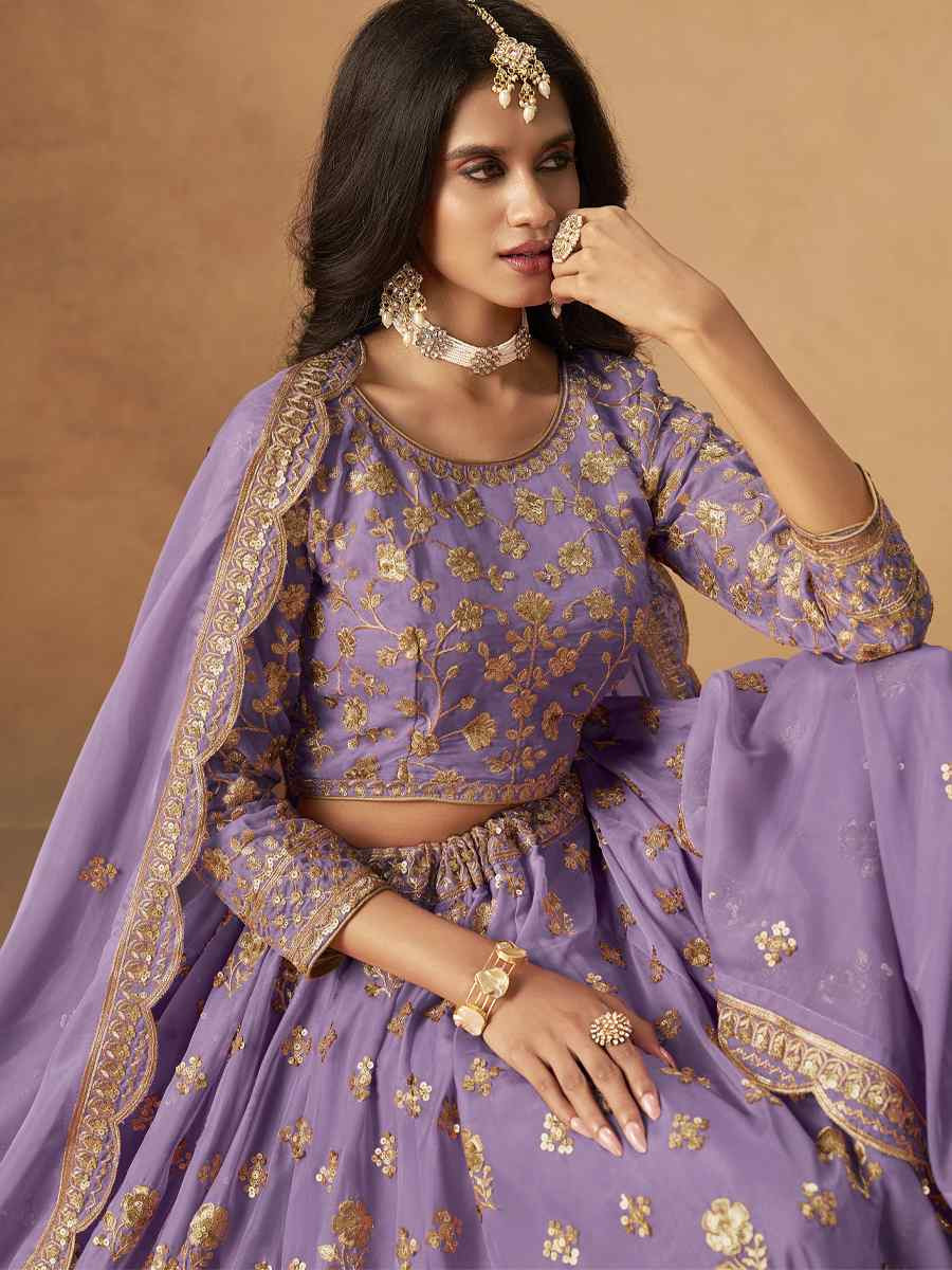 Purple Organza Embroidered Bridal Wedding Reception Festival Heavy Border Lehenga Choli