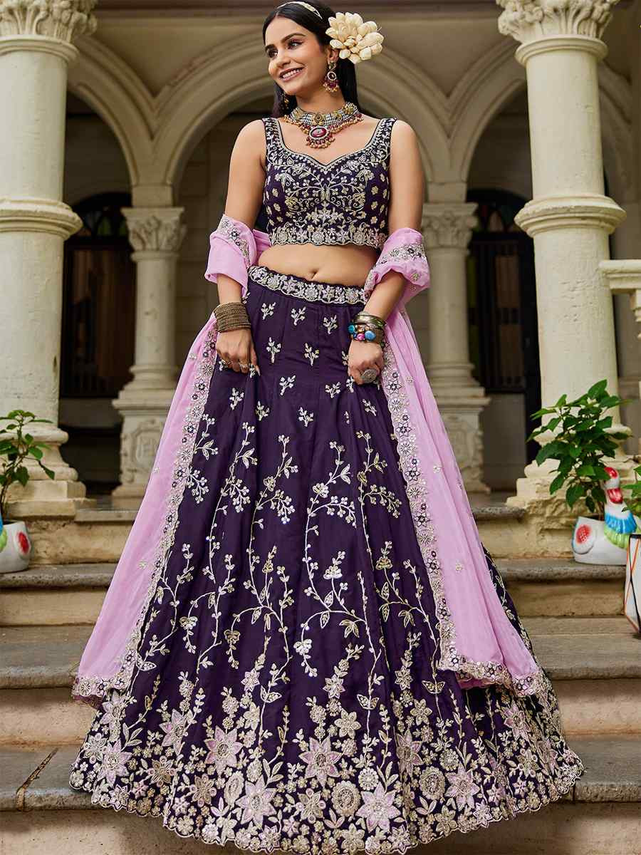 Purple Organza Embroidered Festival Reception Wedding Party Wear Heavy Border Lehenga Choli