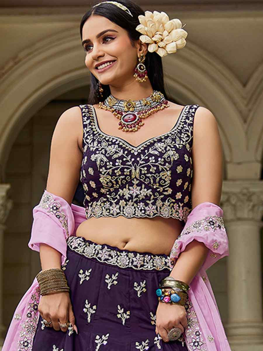 Purple Organza Embroidered Festival Reception Wedding Party Wear Heavy Border Lehenga Choli