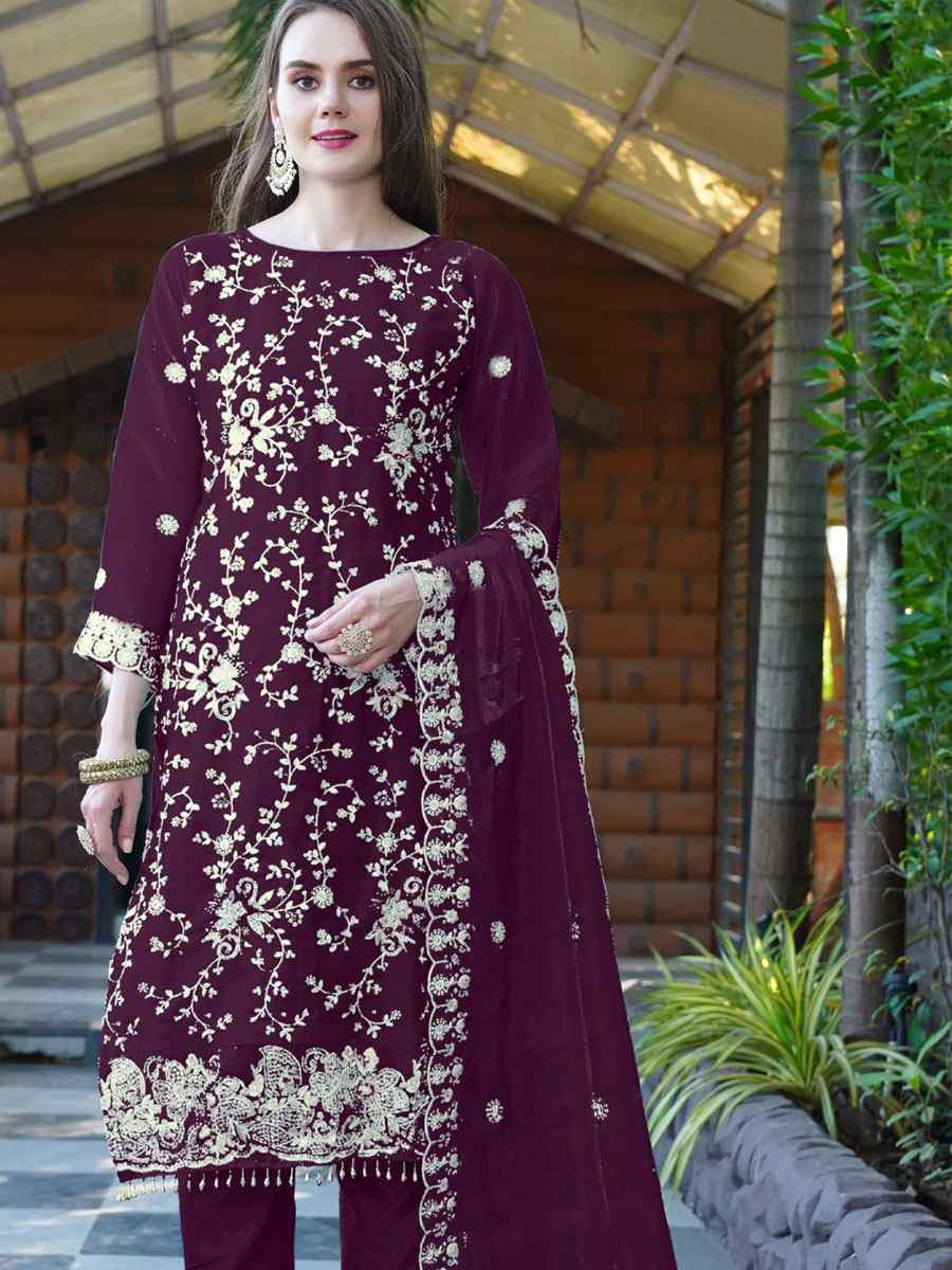 Purple Organza Embroidered Festival Wedding Pant Salwar Kameez
