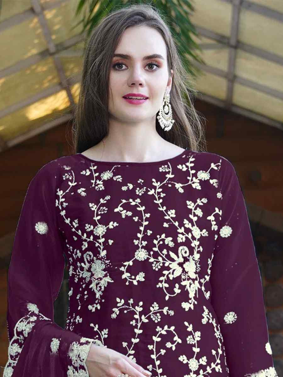 Purple Organza Embroidered Festival Wedding Pant Salwar Kameez