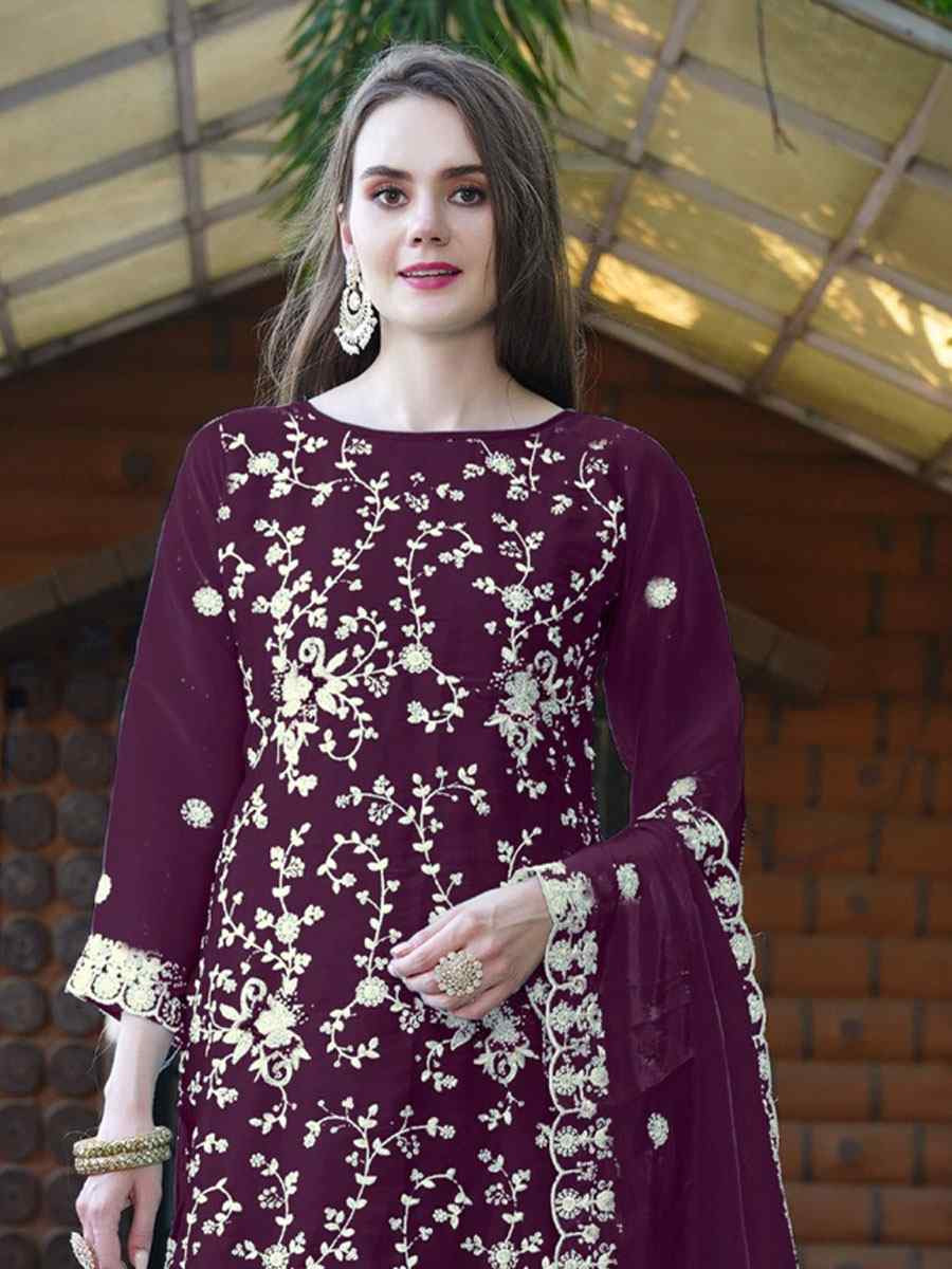 Purple Organza Embroidered Festival Wedding Pant Salwar Kameez