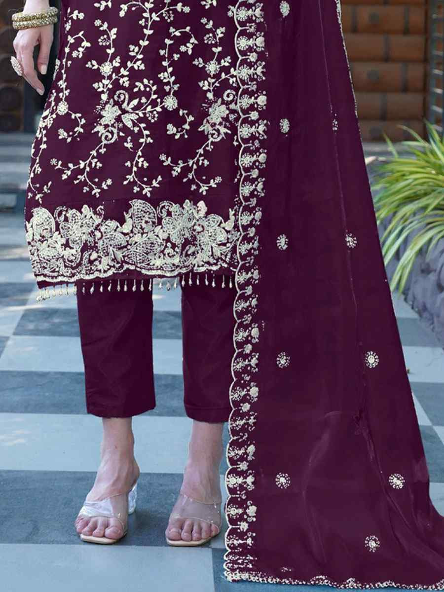 Purple Organza Embroidered Festival Wedding Pant Salwar Kameez