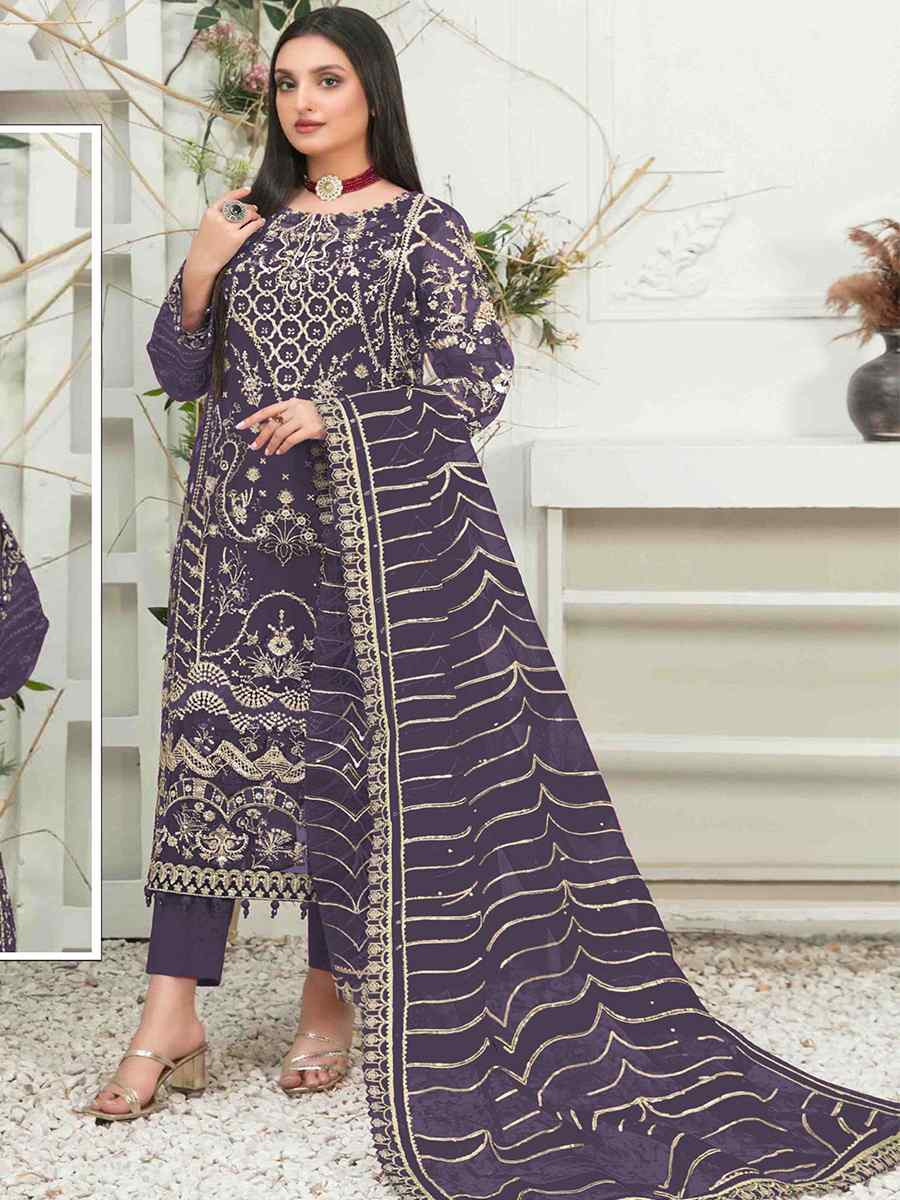 Purple Organza Embroidered Festival Wedding Pant Salwar Kameez