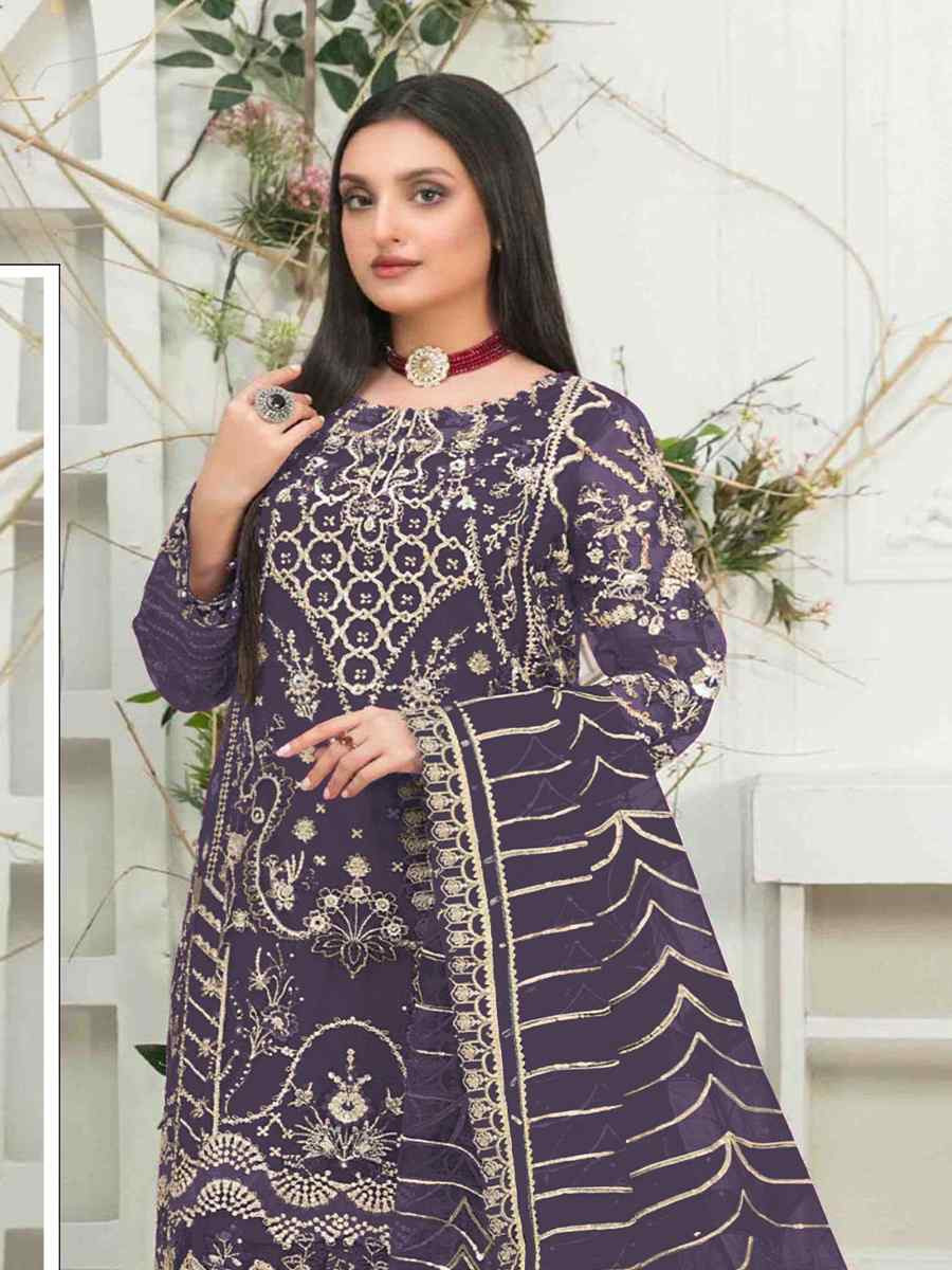 Purple Organza Embroidered Festival Wedding Pant Salwar Kameez