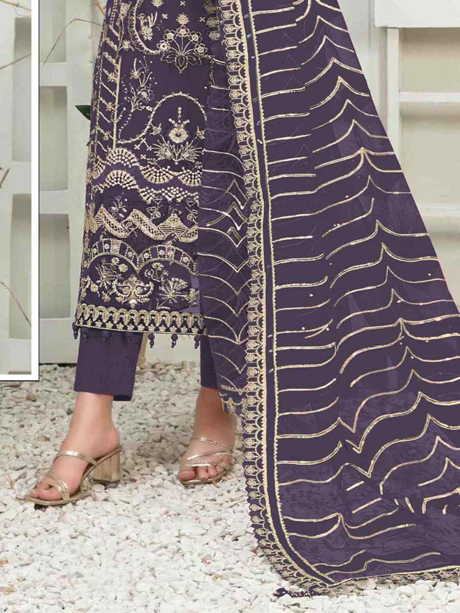 Purple Organza Embroidered Festival Wedding Pant Salwar Kameez