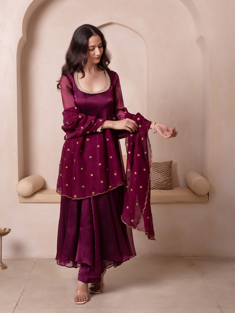 Image of Purple Organza Embroidery Wedding Party Festival Casual Ready Anarkali Palazzo Pant Salwar Kameez