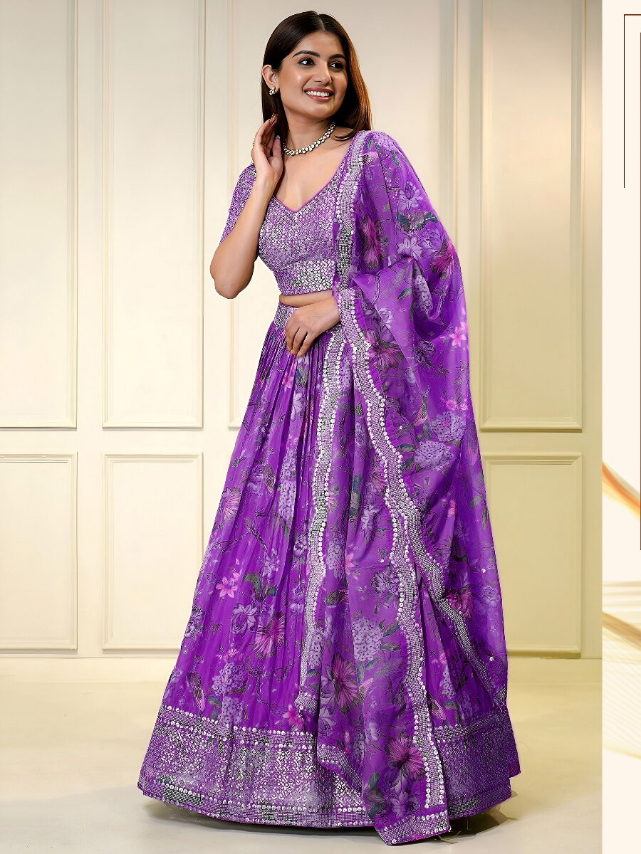 Purple Organza Embroidery Zari Sequins Floral Print Wedding Reception Party Festival Heavy Border Lehenga Choli