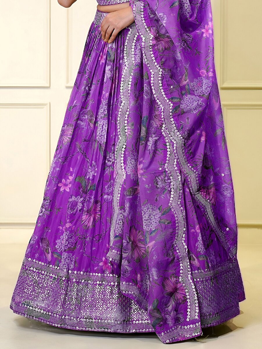 Purple Organza Embroidery Zari Sequins Floral Print Wedding Reception Party Festival Heavy Border Lehenga Choli
