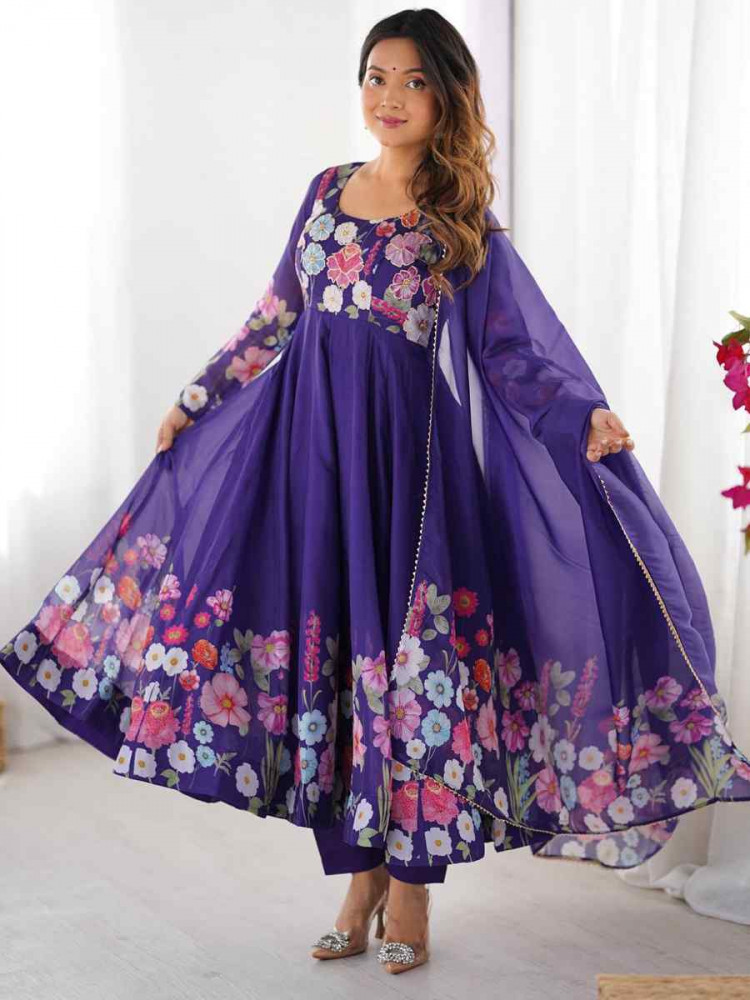 Image of Purple Organza Floral Printed Embroidery Party Wedding Festival Casual Ready Anarkali Salwar Kameez