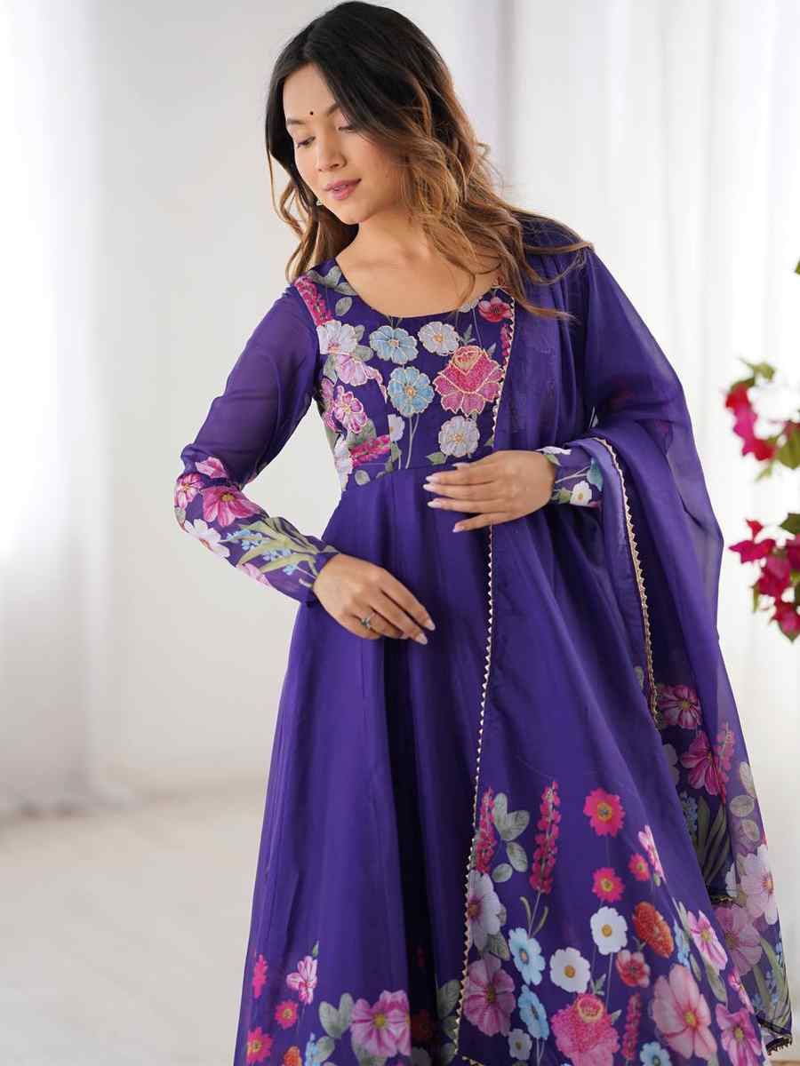 Purple Organza Floral Printed Embroidery Party Wedding Festival Casual Ready Anarkali Salwar Kameez
