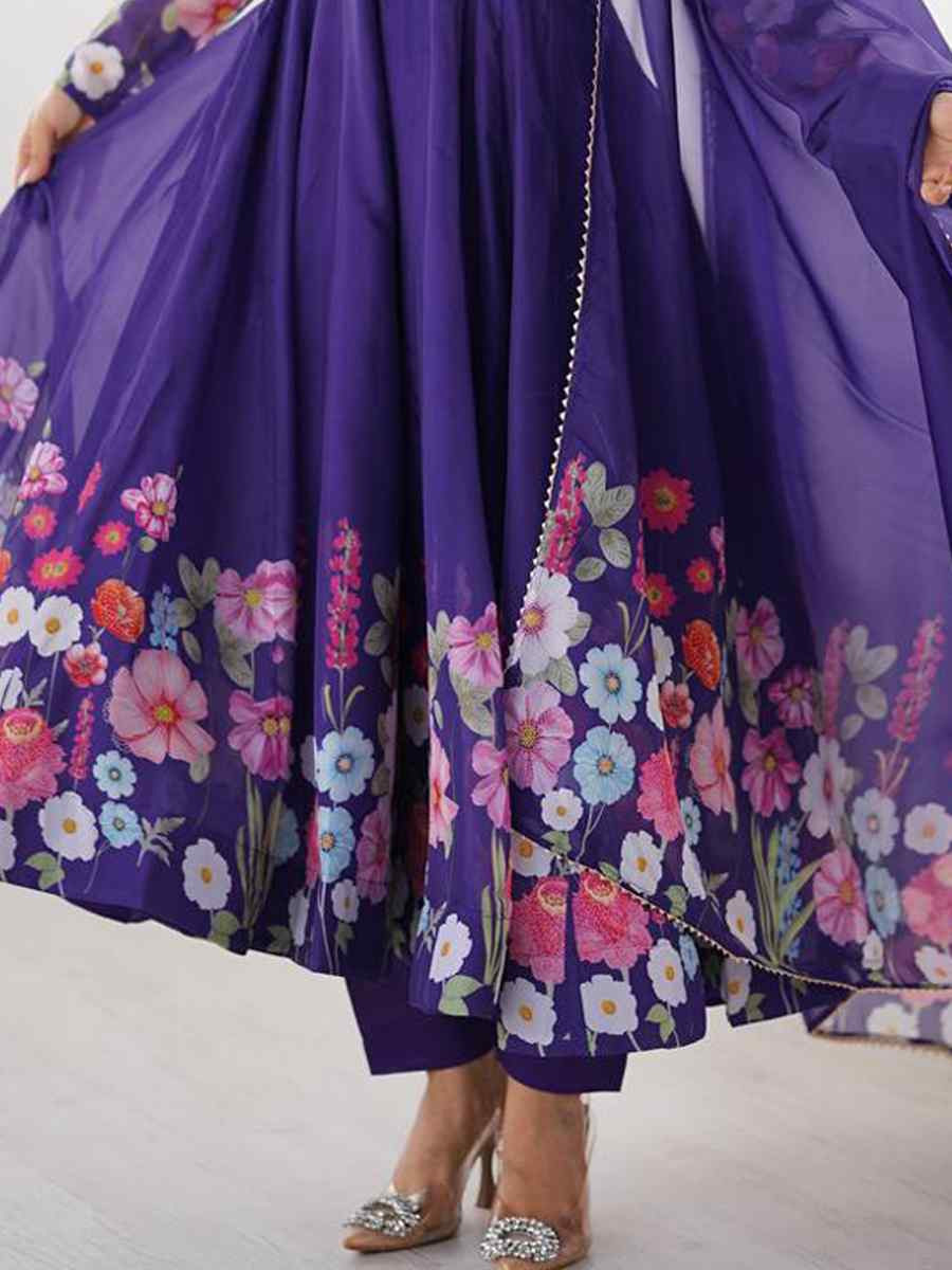 Purple Organza Floral Printed Embroidery Party Wedding Festival Casual Ready Anarkali Salwar Kameez