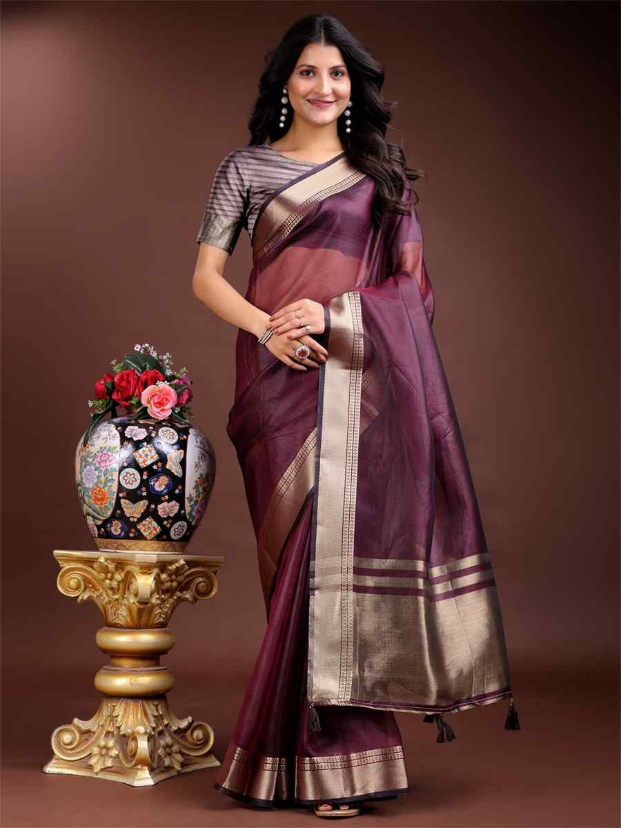 Purple Organza Handwoven Festival Wedding Fancy Heavy Border Saree