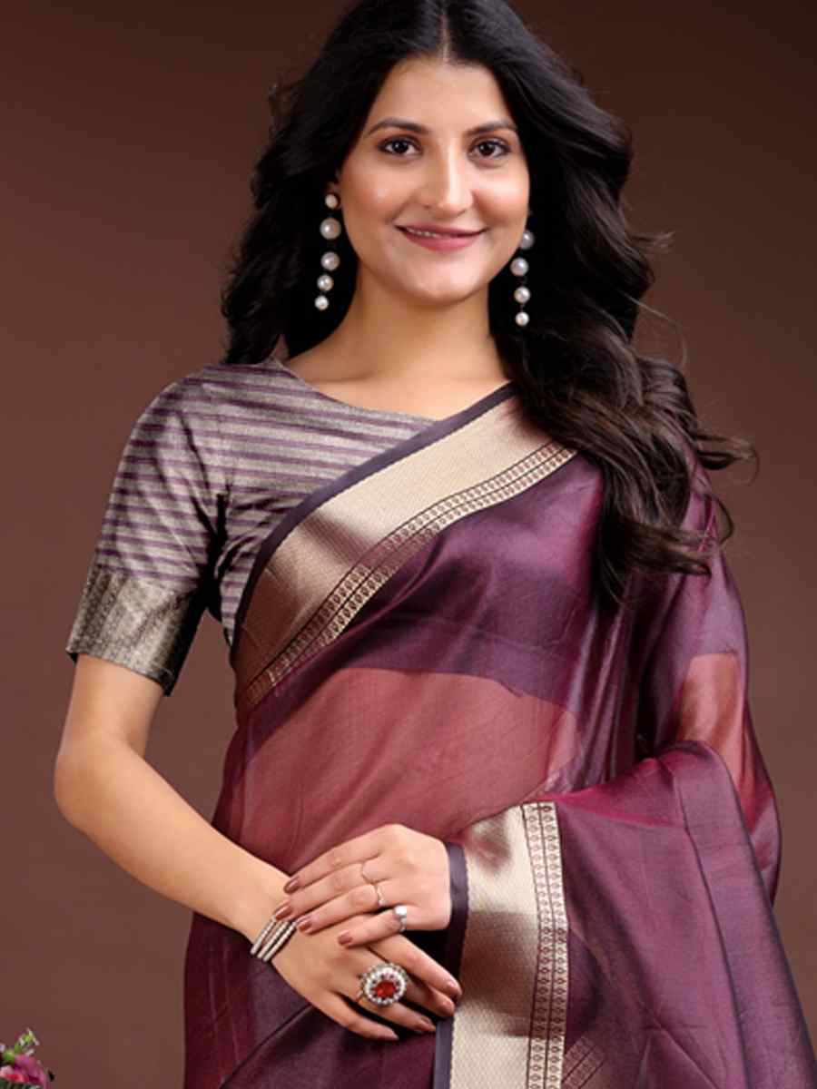 Purple Organza Handwoven Festival Wedding Fancy Heavy Border Saree