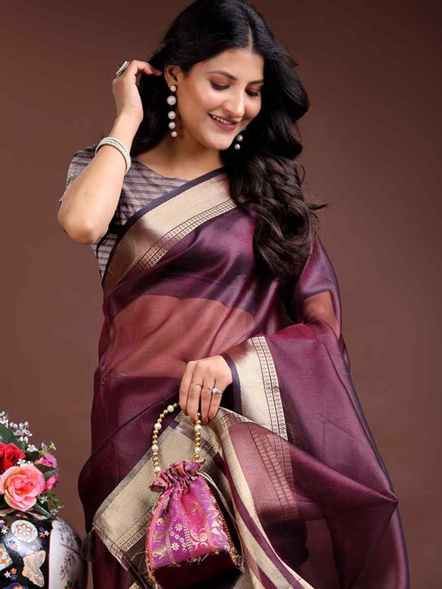 Purple Organza Handwoven Festival Wedding Fancy Heavy Border Saree