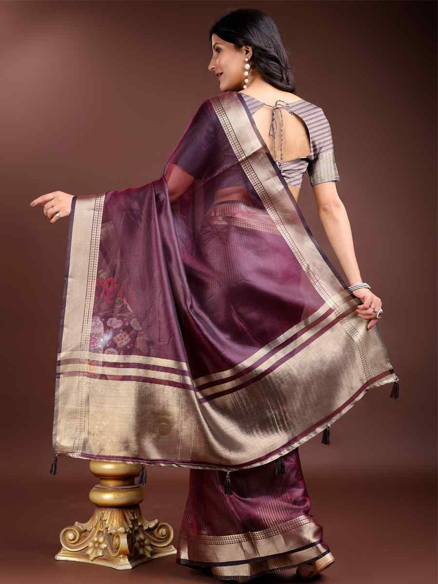 Purple Organza Handwoven Festival Wedding Fancy Heavy Border Saree
