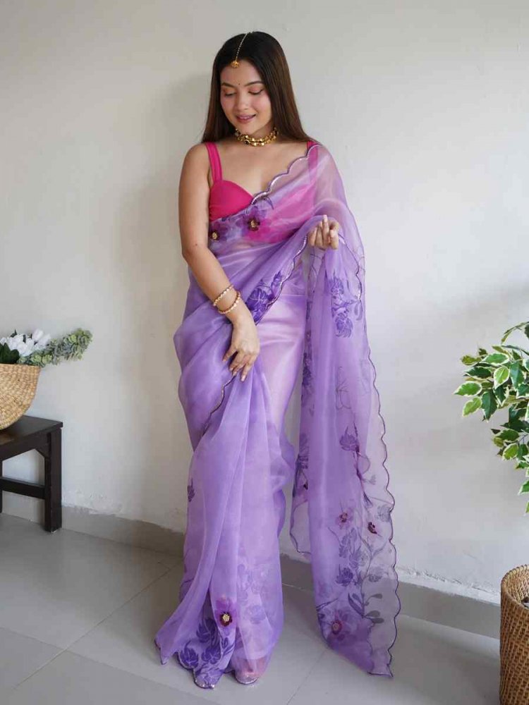 Purple Organza Handwoven Party Festival Classic Style Saree