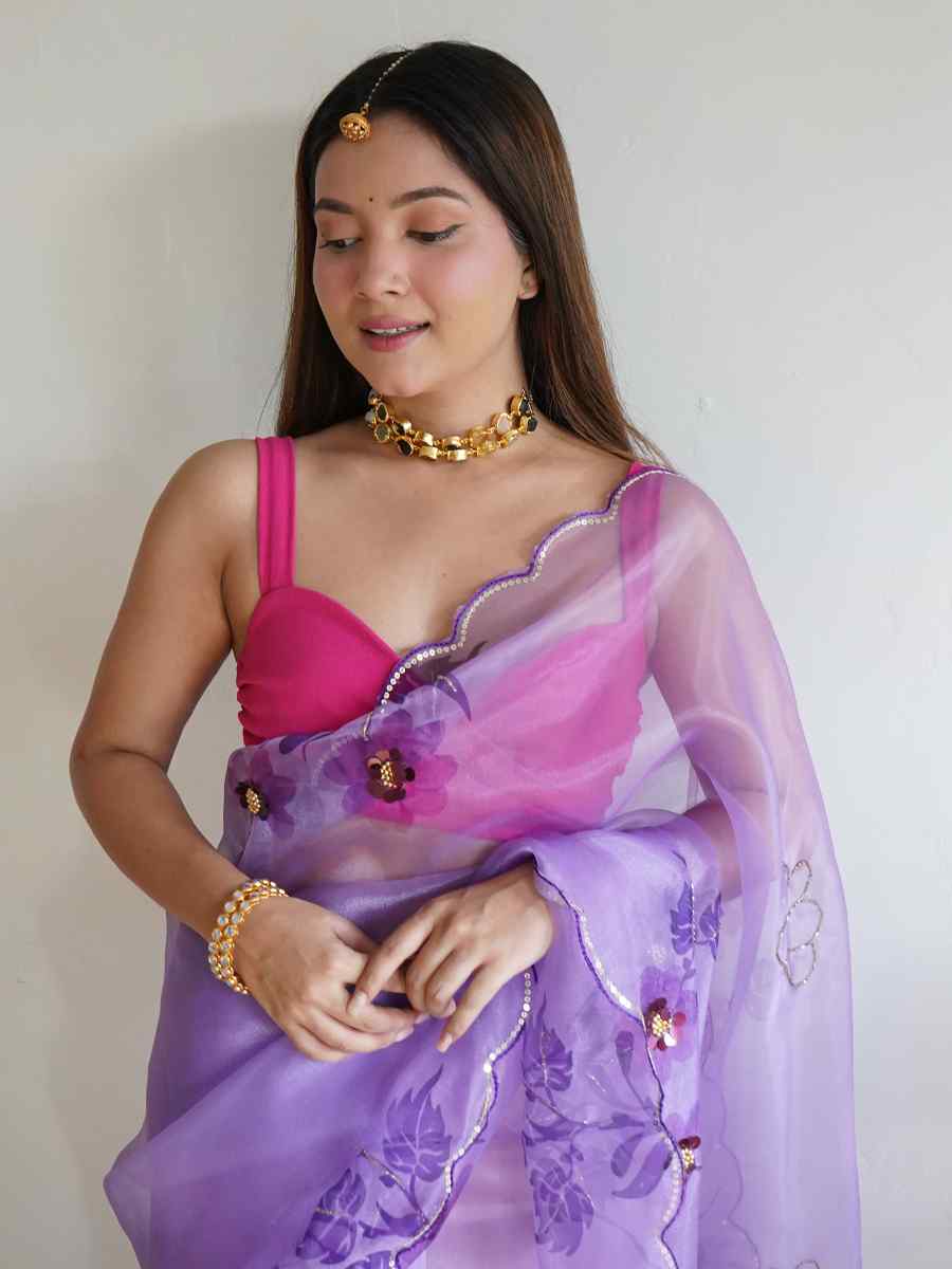 Purple Organza Handwoven Party Festival Classic Style Saree